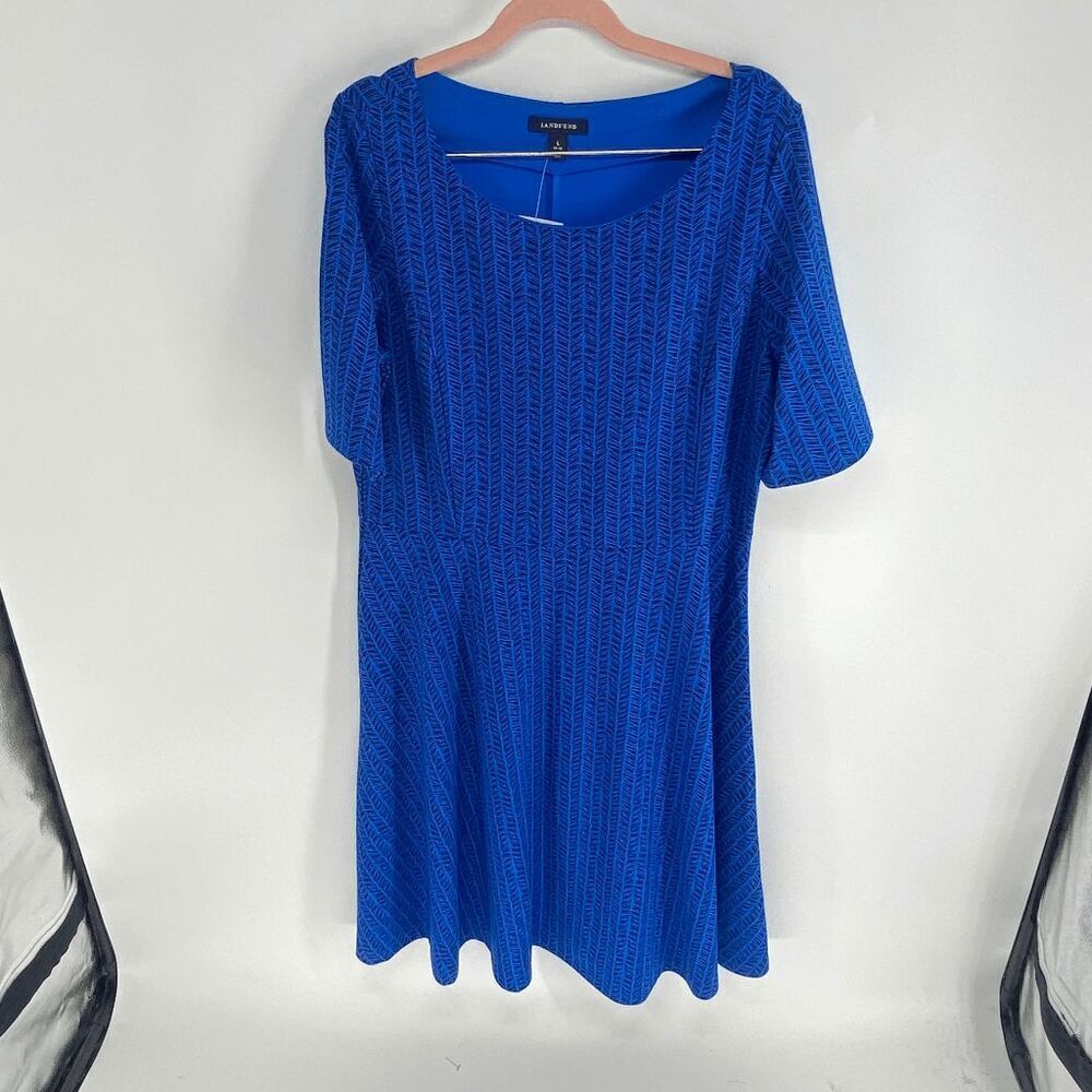 Lands' End Women's Blue Geometric Pattern Fit & Flare Dress Size L NWT